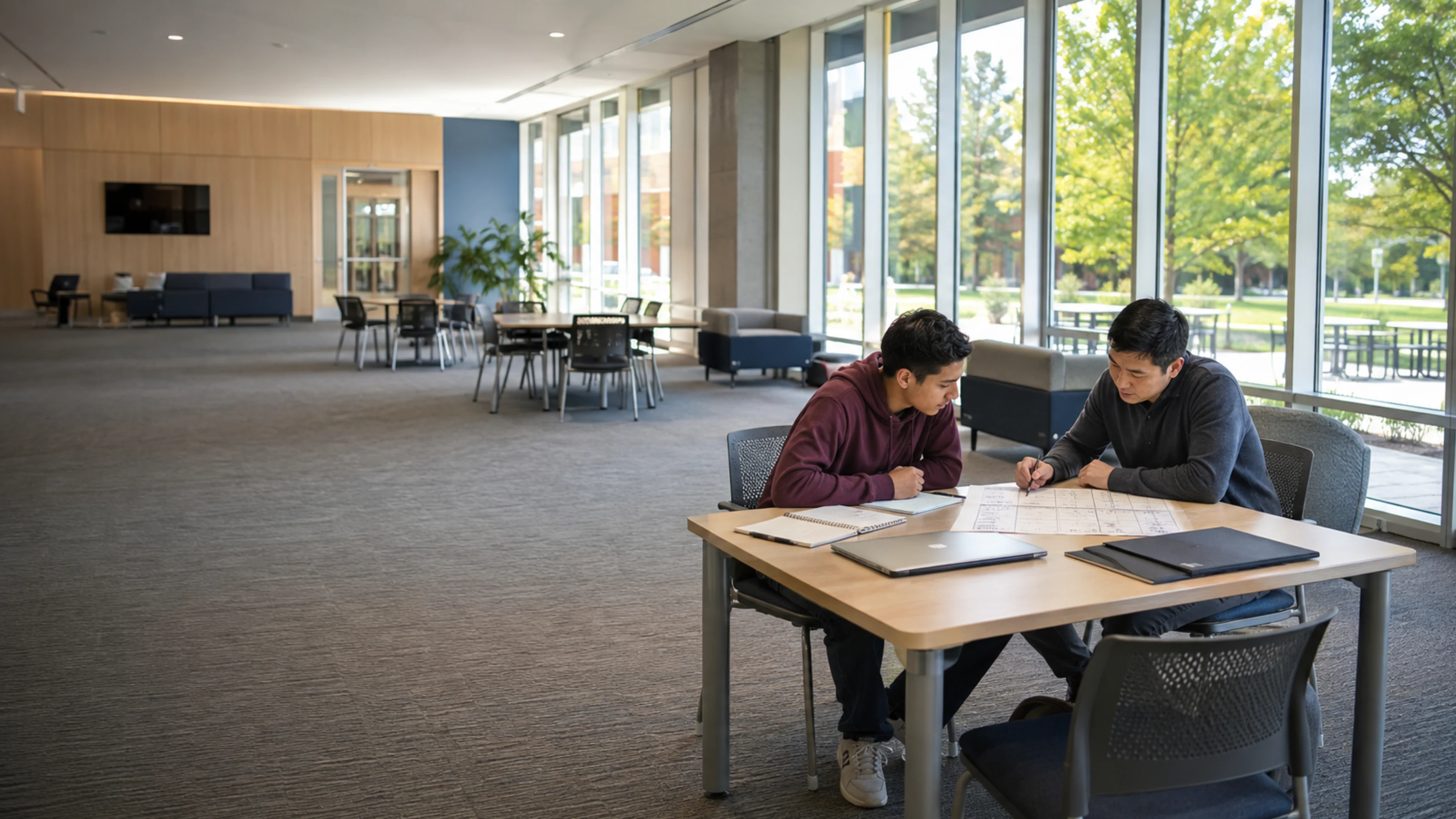 High-school student and mentor reviewing a four-year course plan in a campus learning commons